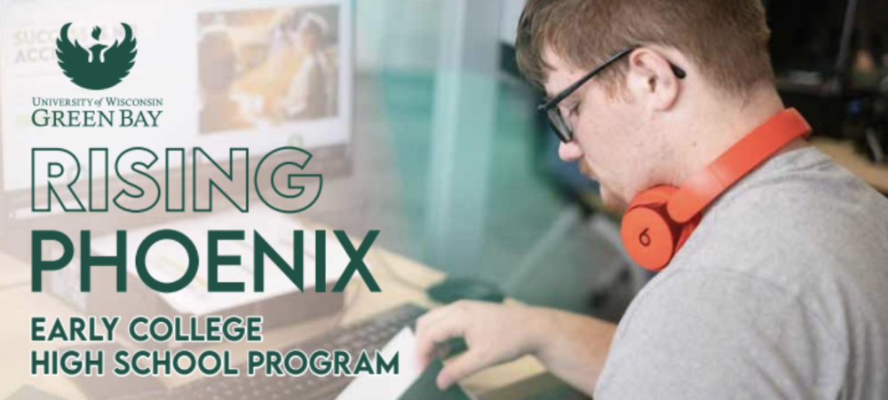 student typing with text that says university of wisconsin green bay rising phoenix early college high school program
